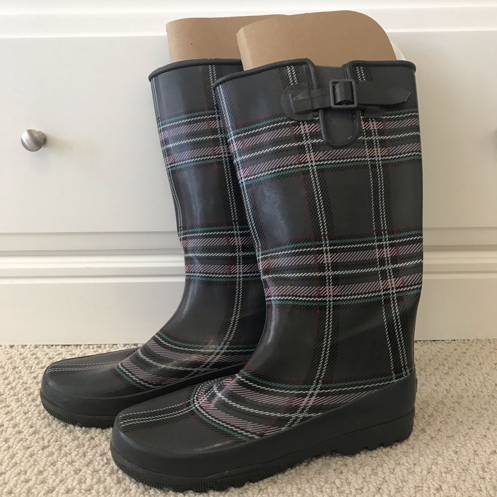 Sperry Rain Boots in Cute Grey Plaid, Sz 10